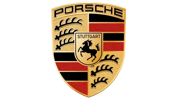 Porsche logo: gold crest with black horse, red and black stripes, and