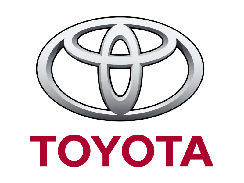 Toyota logo with silver emblem over red word