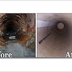 Before-and-after of a pipe interior. Left: rusty, dirty. Right: clean and smooth.