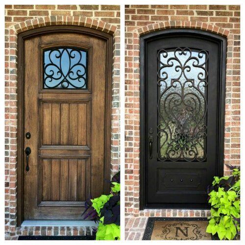 A before and after picture of a wooden door and a black door on a brick wall.