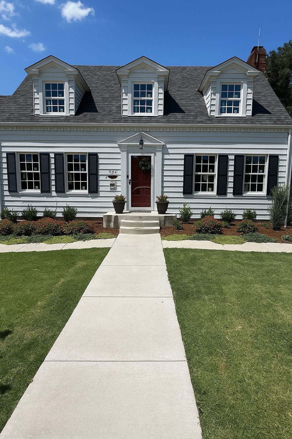 White house with black shutters, a red door, and a sidewalk leading to the entrance.