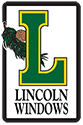 The logo for lincoln windows has a green letter l and a pine cone.