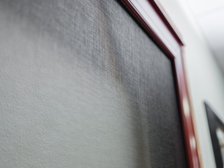 A close up of a screen door with a red frame on a wall.