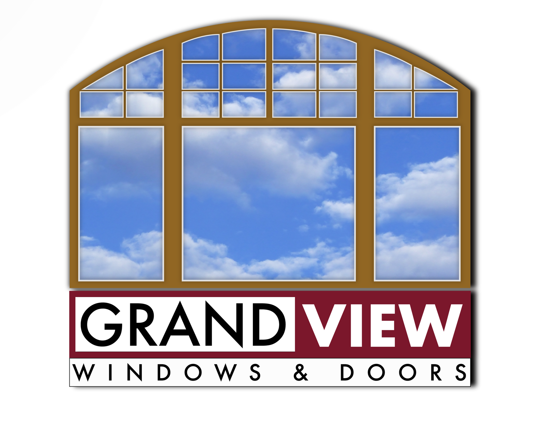 A logo for grandview windows and doors shows a window with a blue sky in the background