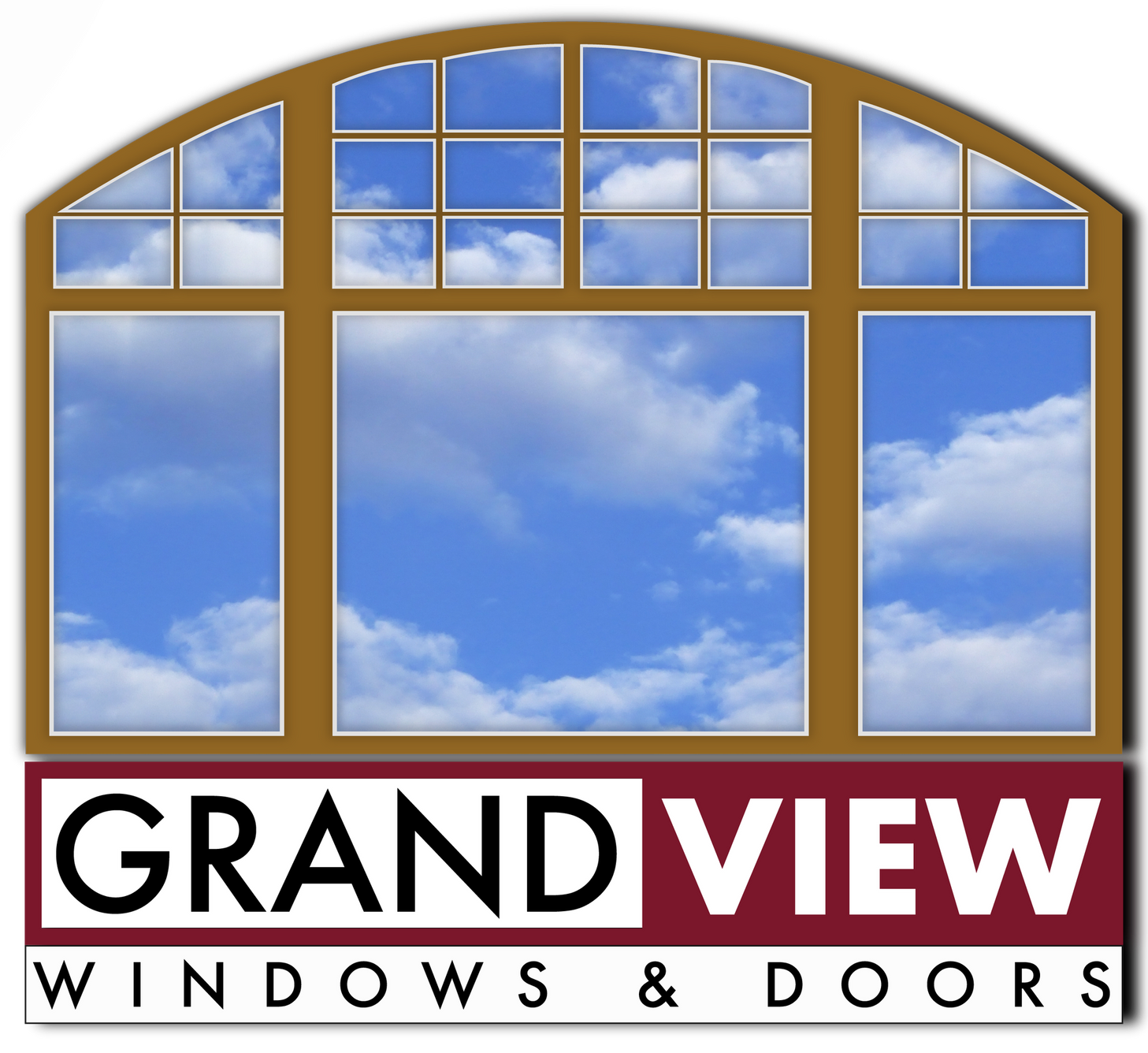 A logo for grandview windows and doors shows a window with a blue sky in the background