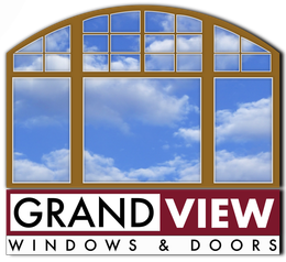 A logo for grandview windows and doors shows a window with a blue sky in the background