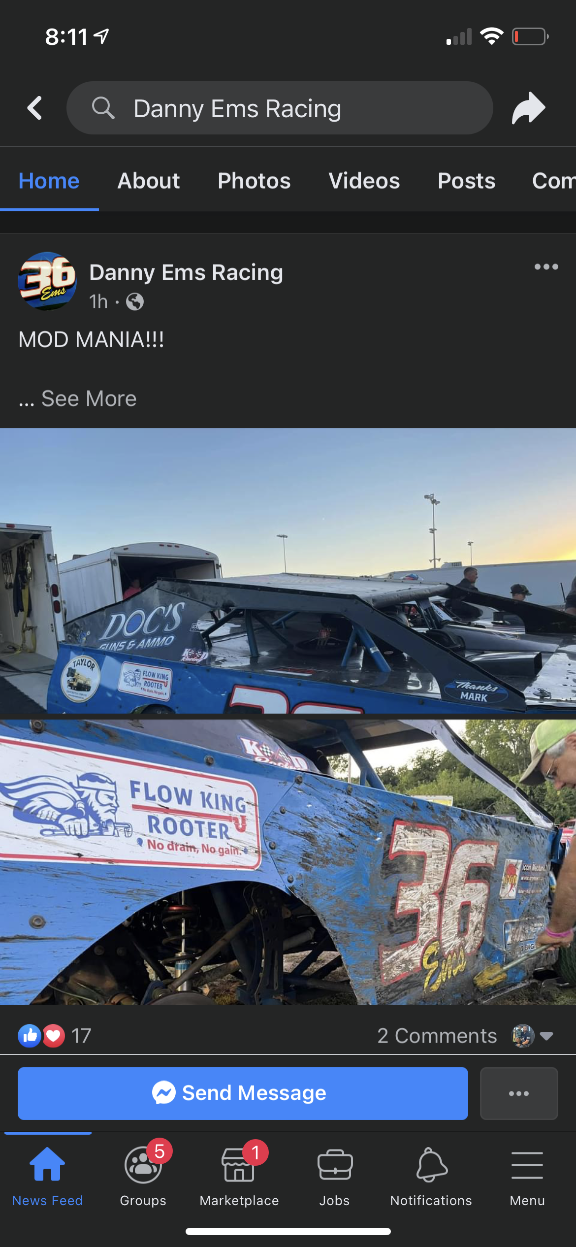 Damaged race car with blue paint and number 36. Facebook page for 