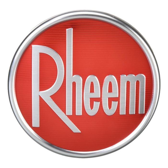 Rheem logo: silver letters on a red circle, framed in silver.