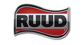 RUUD logo: Bold, black text on silver outline over a red background with a wave design.