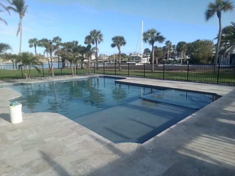 A large swimming pool with palm trees in the background.