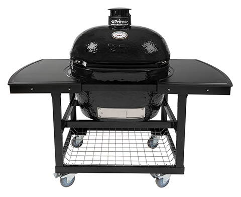 A black charcoal grill is sitting on top of a black cart.