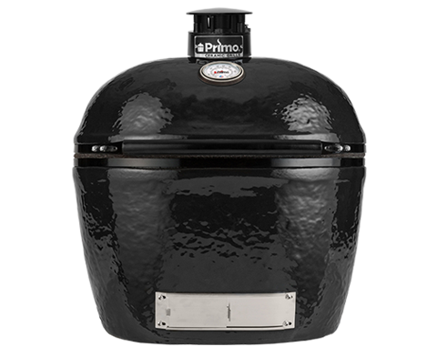 A black primo grill is sitting on a white surface.