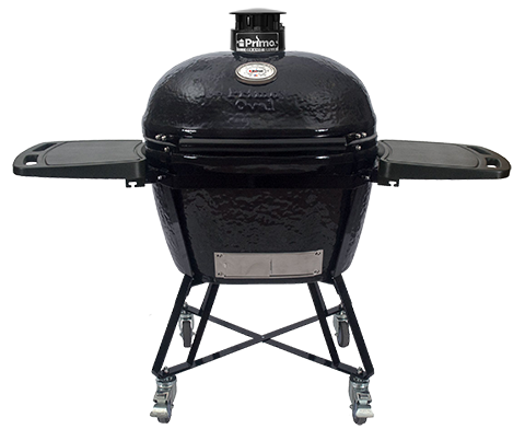 A black bbq grill is sitting on a stand on a white background.