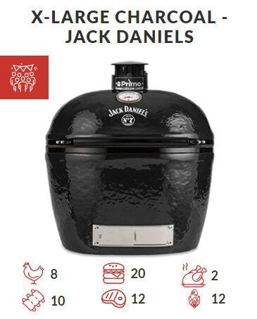 A black x-large charcoal grill with a jack daniels logo on it.