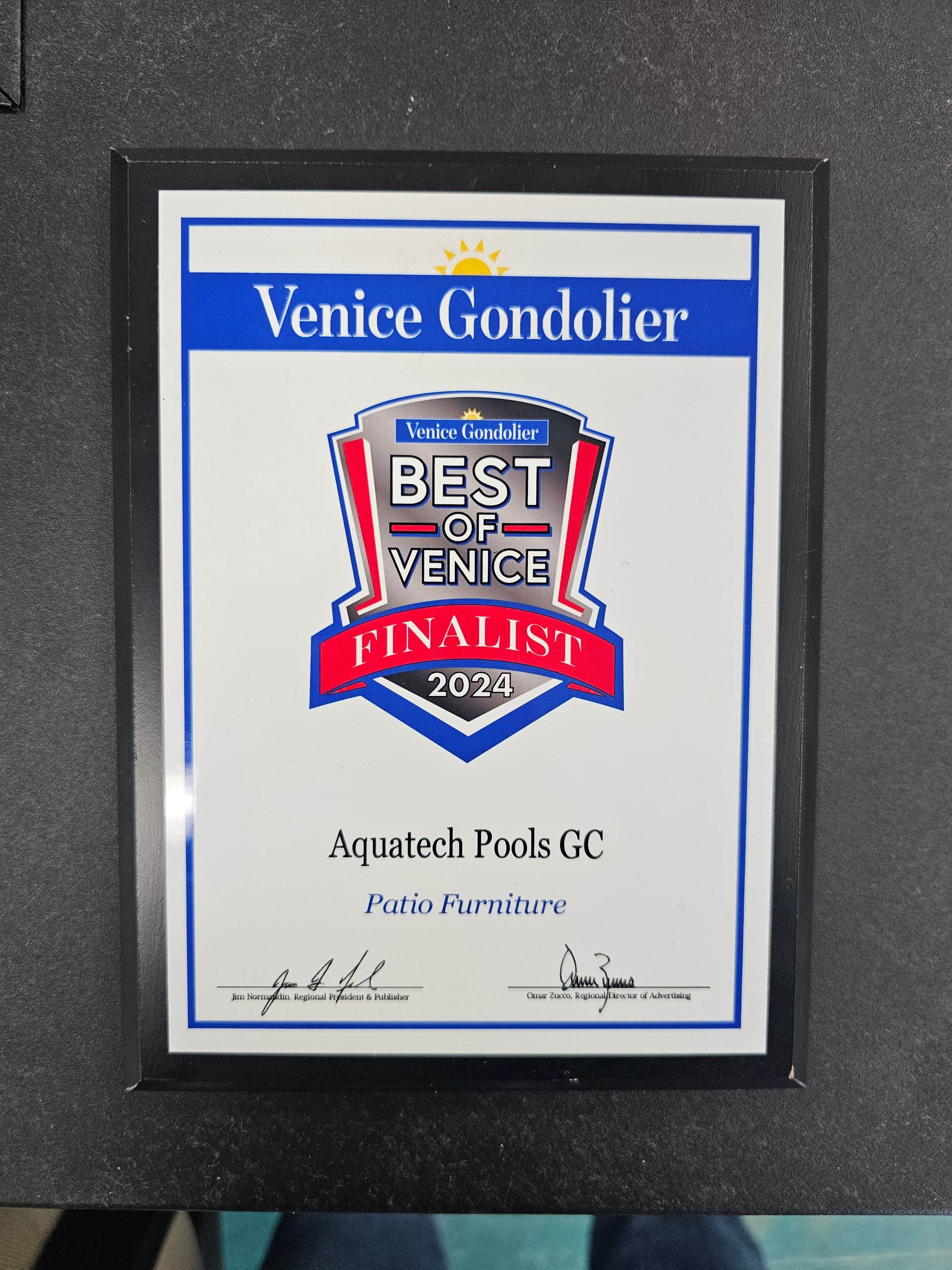 A certificate that says venice gondolier best of venice finalist