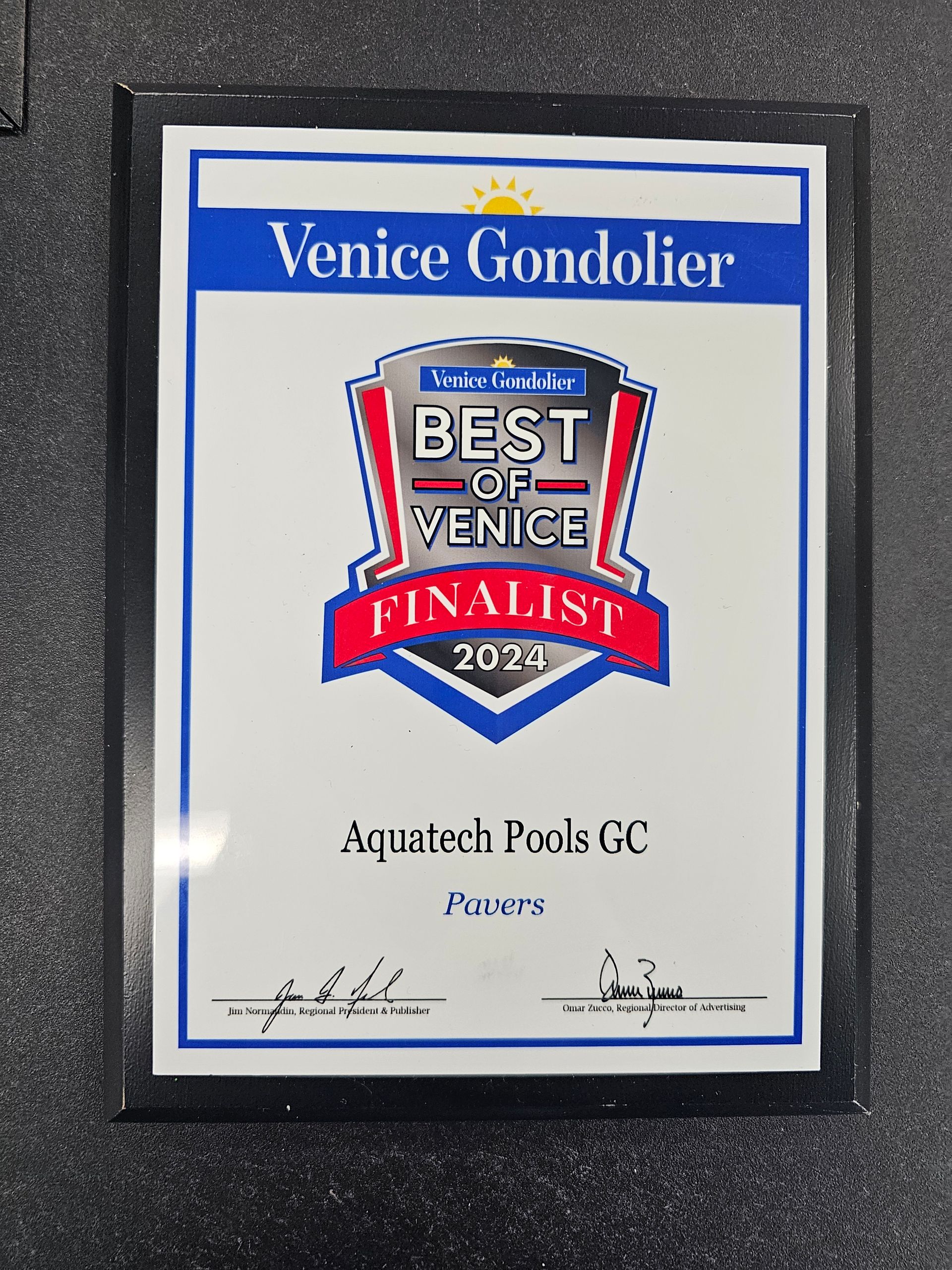A certificate that says venice condolier best of venice finalist