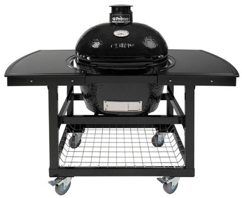 A black charcoal grill is sitting on top of a black cart.