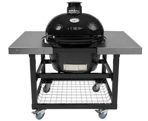 A black charcoal grill is sitting on top of a black cart.