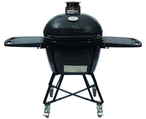 A black primo grill is sitting on a stand on a white background.