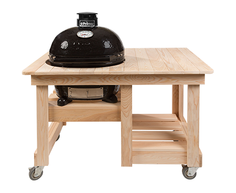 A wooden table with a grill on top of it.