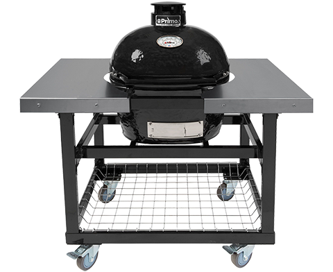 A black grill is sitting on top of a metal table with wheels.
