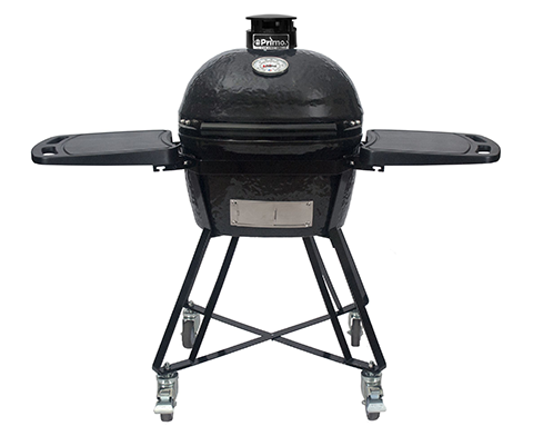 A black grill is sitting on top of a stand on a white background.