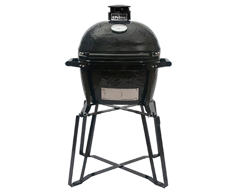 A black grill is sitting on top of a metal stand.