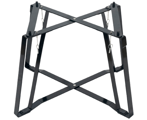 A black metal frame with chains attached to it on a white background.