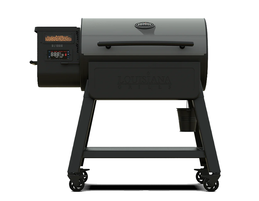 A wood pellet grill is sitting on a stand on a white background.