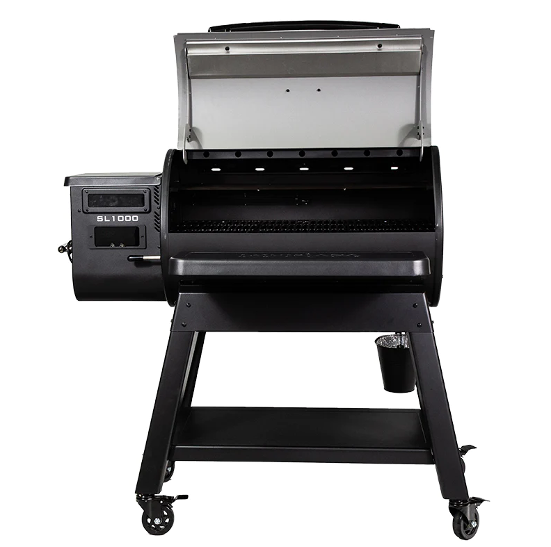 A black grill with the lid open on a white background.