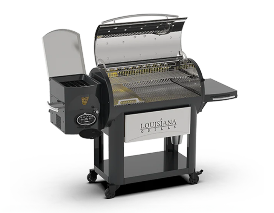 A grill with the lid open on a white background.