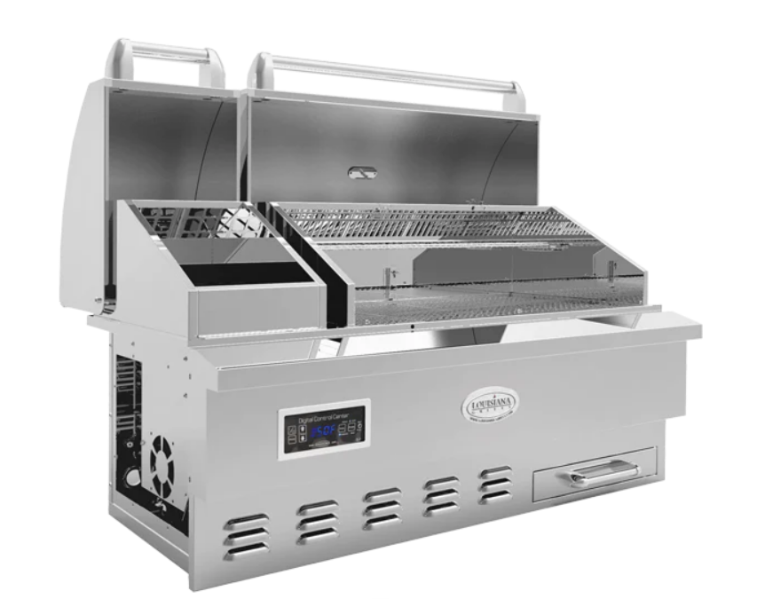 A stainless steel grill with the lid open on a white background.