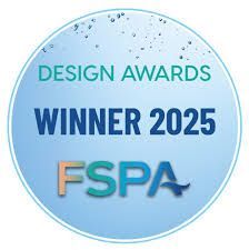 Round badge: Design Awards Winner 2025, FSPA logo, blue and teal colors.