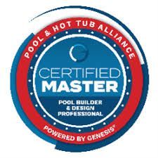 Certified Master pool builder and design professional seal, red, white, and blue.