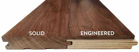 Comparison of wood flooring samples labeled “SOLID” and “ENGINEERED”