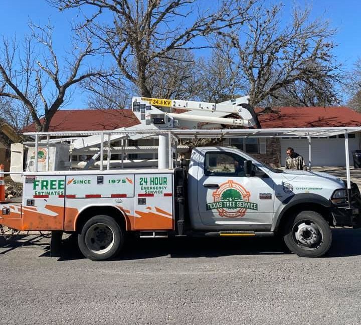 Tree service truck with lift, parked in front of a house, orange and green logo, blue sky.