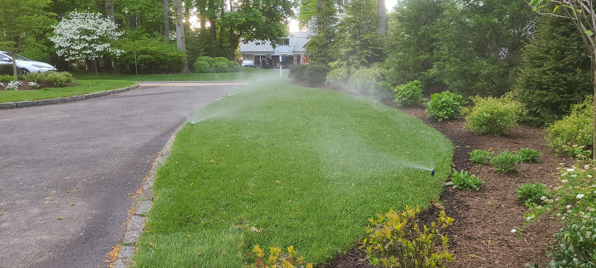 A lawn sprinkler is spraying water on a lush green lawn.