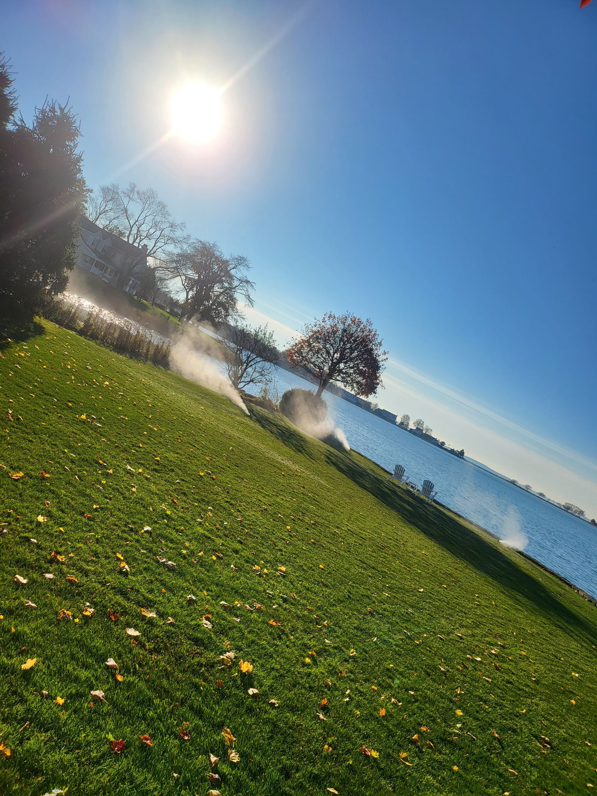 The sun is shining brightly on a lush green field next to a body of water.