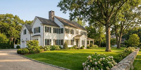 White colonial house with a stone chimney and a well-manicured lawn and gardens.