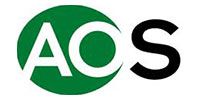 The aos logo is a green circle with a black letter s inside of it.