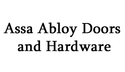 The logo for assa abloy doors and hardware is black and white.