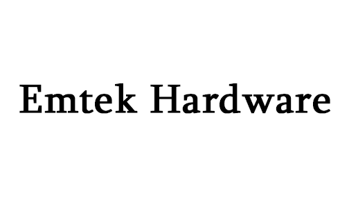 A black and white logo for emtek hardware on a white background.