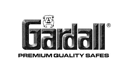 A black and white logo for gardall premium quality safes.