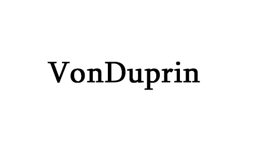 A black and white logo for von duprin on a white background.