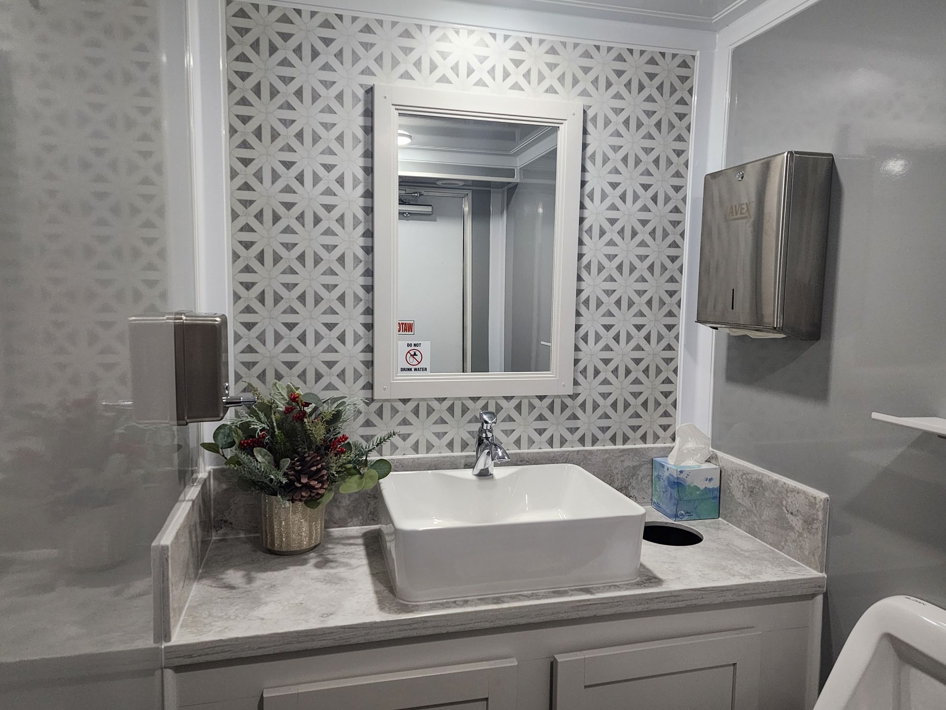 Bathroom vanity with patterned tile mirror wall, white sink, gray countertop, and small plant arrangement.