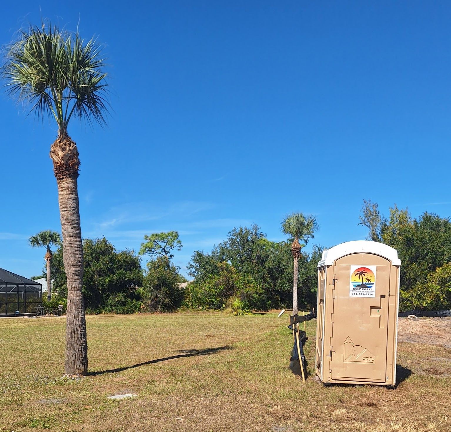 Portable toilet on a dry grassy field under a clear blue sky, with a tall palm tree nearby