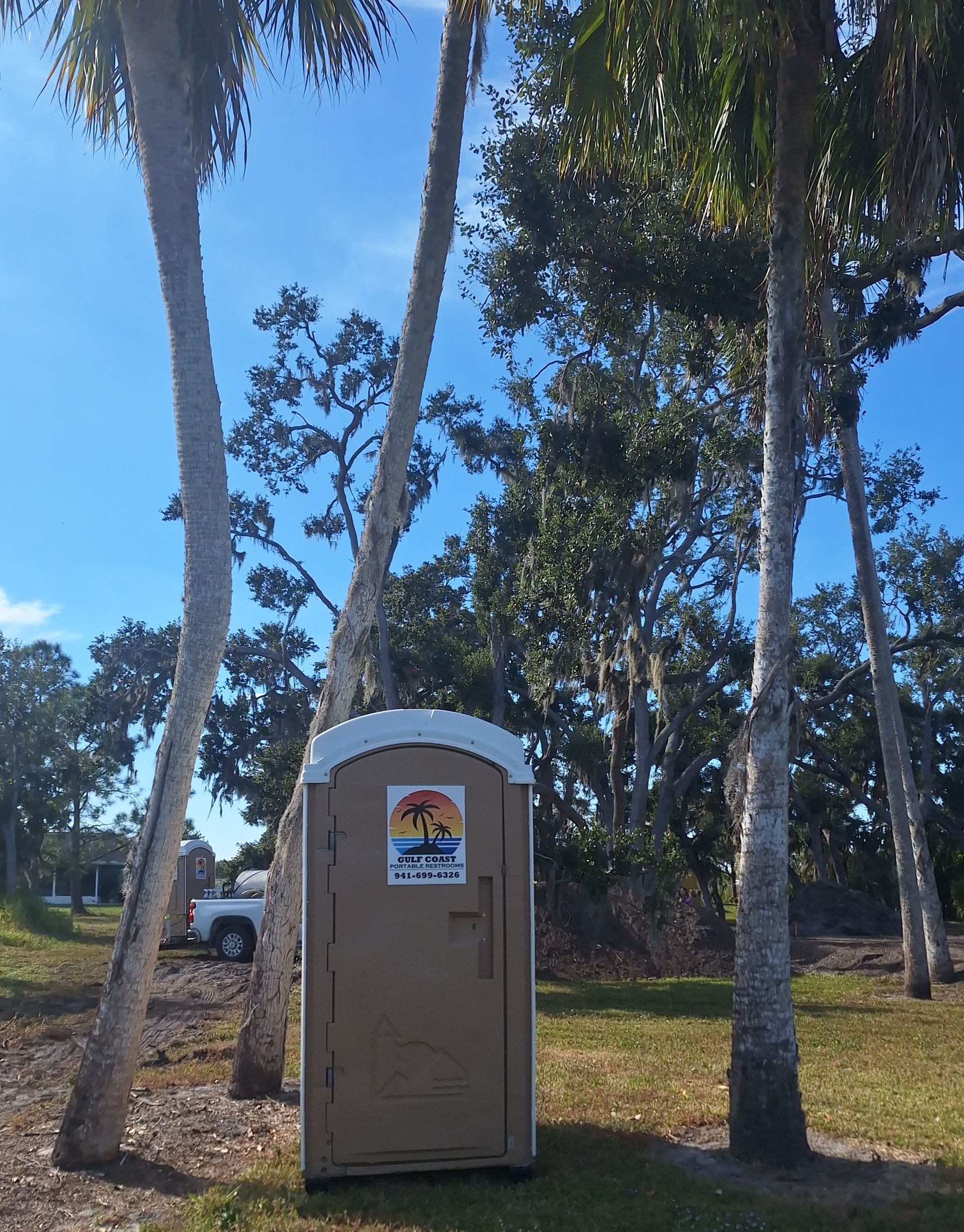 Portable toilet under palm trees in a sunny park-like area