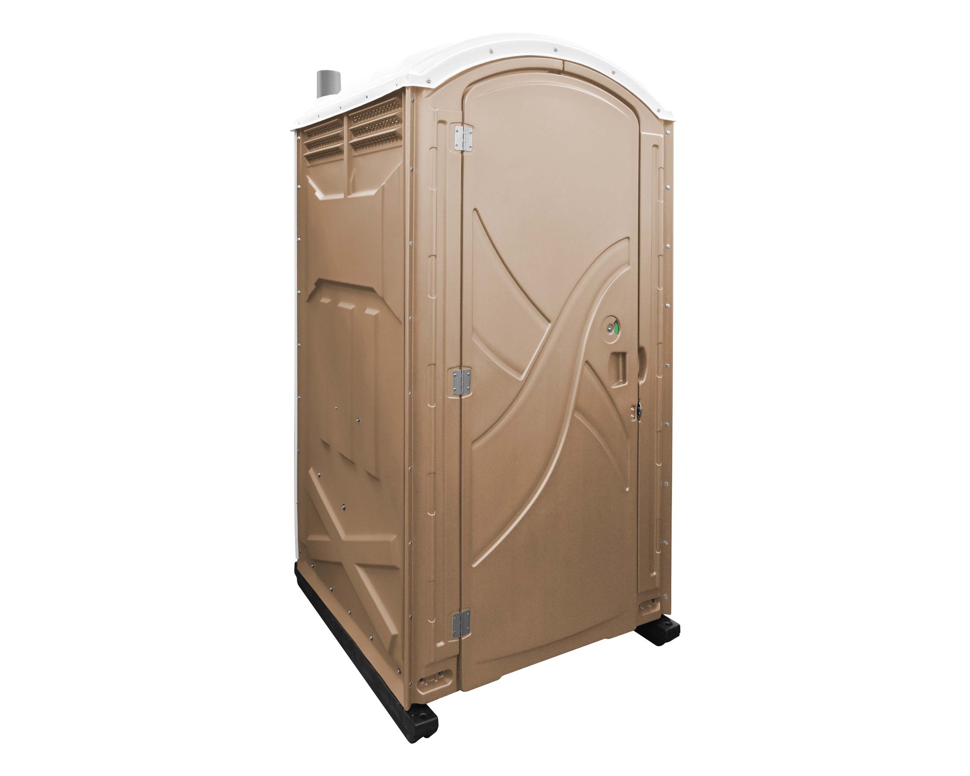 Tan portable beige toilet with dark base and curved door on black supports