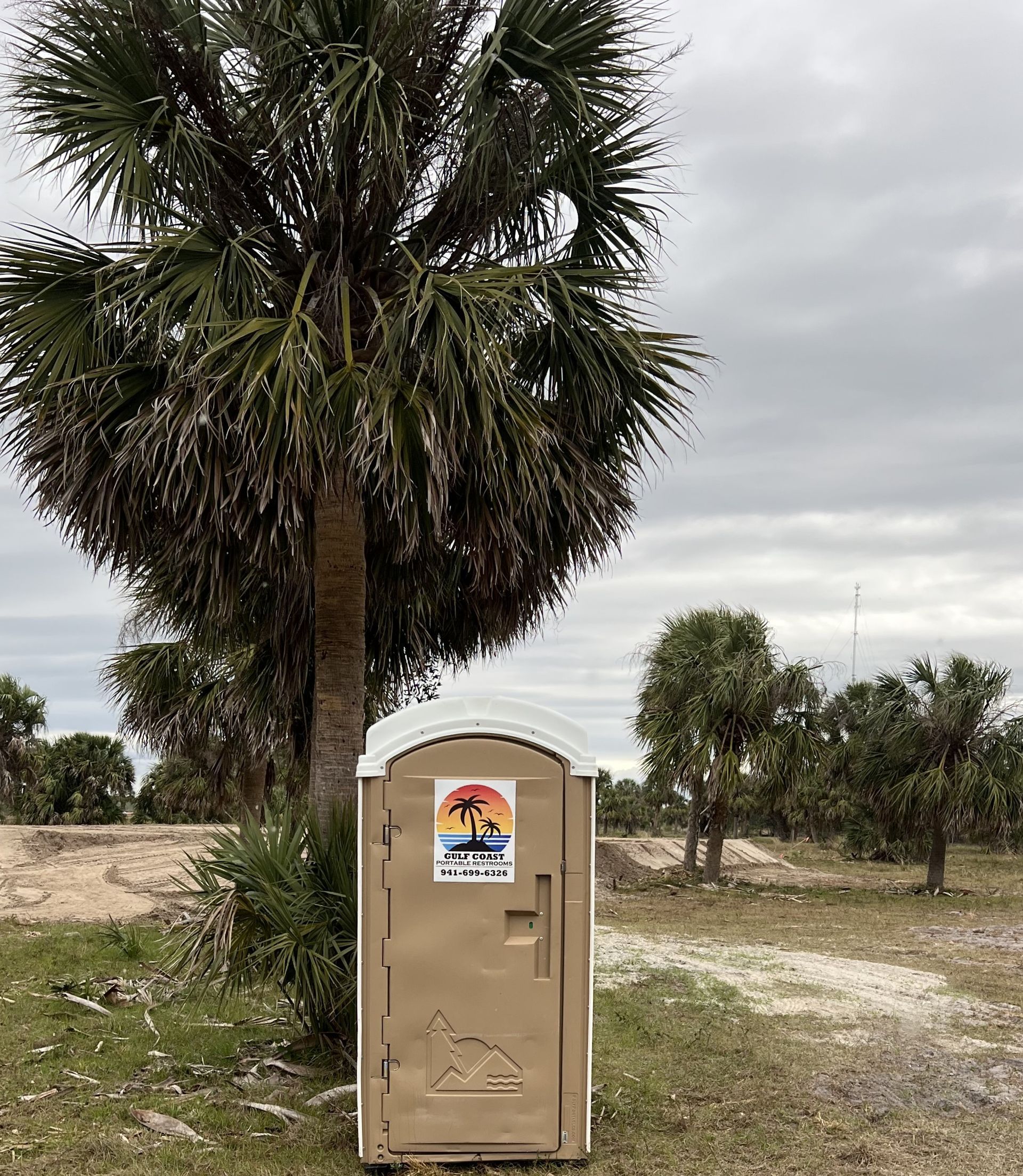 Beige portable toilet in a sandy field beside a tall palm tree under a cloudy sky.