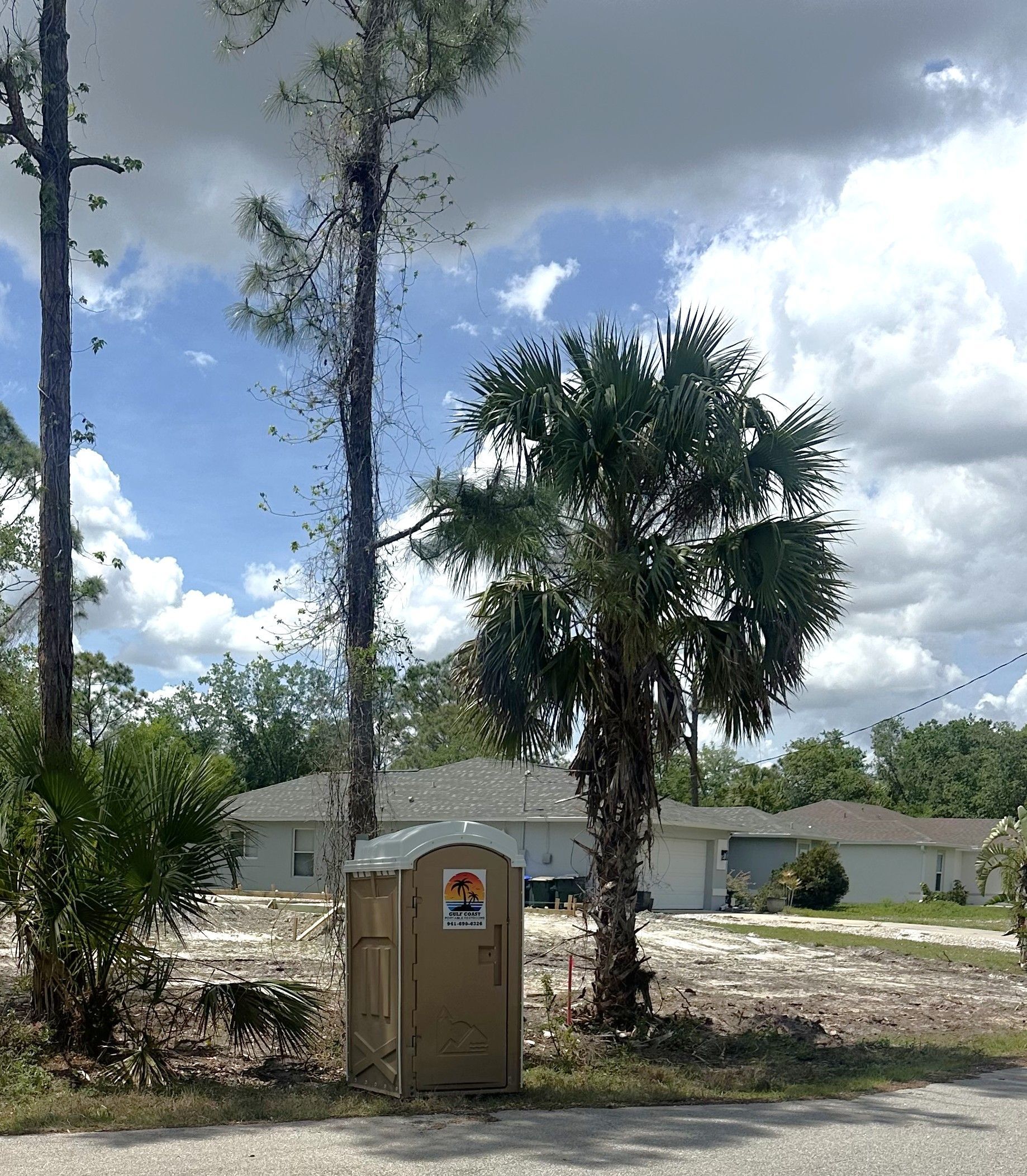 Portable toilet beside palm trees and a white house under a cloudy sky
